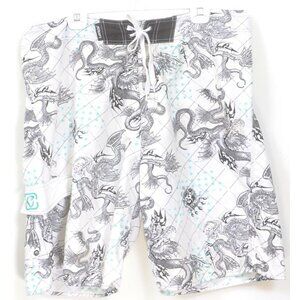 CARBON Men’s XL Dragon Graphics Goth Board Shorts Swim Trunks Grunge Punk Tattoo
